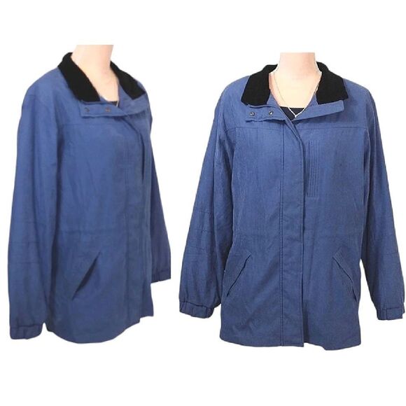 VTG 90s St John's Bay Blue with Black Velvet Trim Outer Parka Jacket Large - Picture 1 of 16